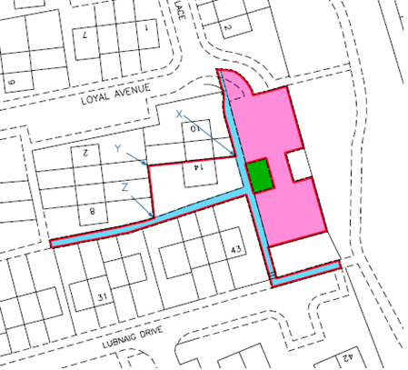 Figure 5: Red edging around blue and pink tints are burden references, red edging around green tints that show external edging and boundary labels marked X, Y and Z around the coloured tints on a residental cadastral map