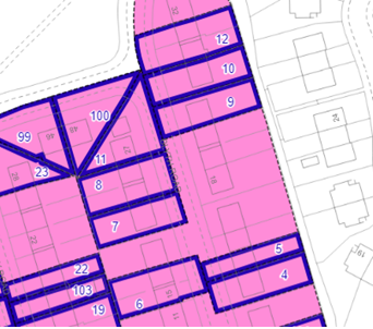 Figure 9:A residential cadastral map of an area with pink tints and blue edging around a series of units with blue numbering inside the blue edging