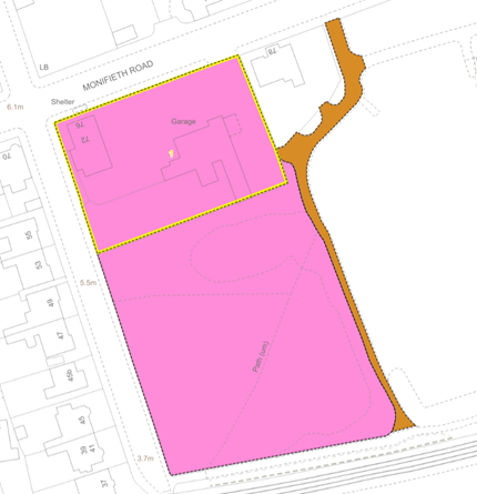 figure 10: A residential cadastral map showing pink and brown tints with a yellow edge and number inside a section of the pink tinted area