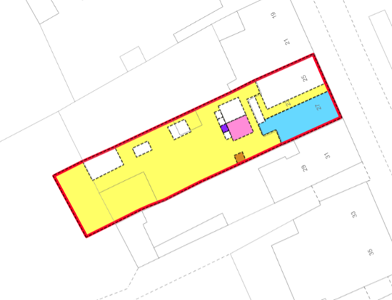  Figure 6: Red edging around a plot of land on a residential cadastral map with yellow, blue, pink, mauve and brown tints inside the red edging
