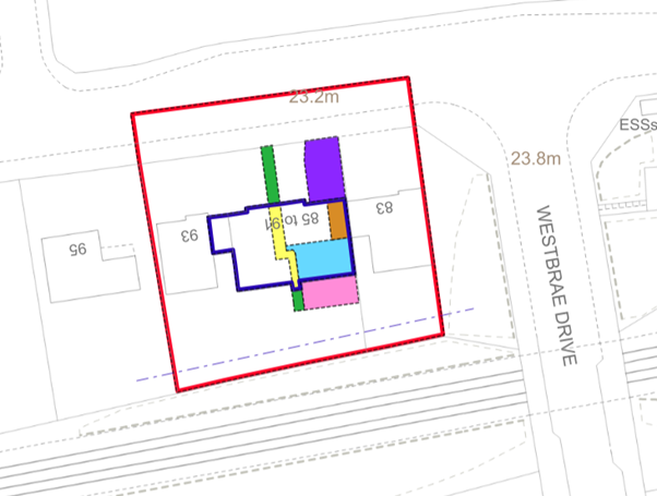 Figure 11: A residential cadastral map showing a large area with solid red edge and inside is smaller areas which are tints in solid pink, blue, gree, yellow, brown and mauve. A solid dark blue edge covers blue, mauve and yellow. A blue dashed broken line extents through the red edge area