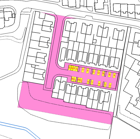 Figure 8: A residential cadastral map of an area with pink tinks covering a main road and a street that includes yellow tints with red lettering