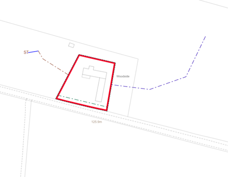Figure 12:A urban area of a cadastral map that shows a solid red edge of an area with broken lines next to and inside the red edge