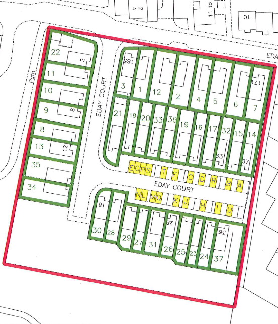 Figure 7: A series of buildings outlined in green within an area outlined in red on a residential cadastral map. The yellow tint and numbering are burdens reference