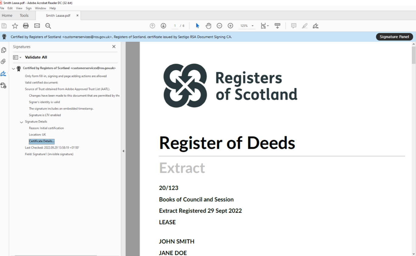 Register of deeds extract 